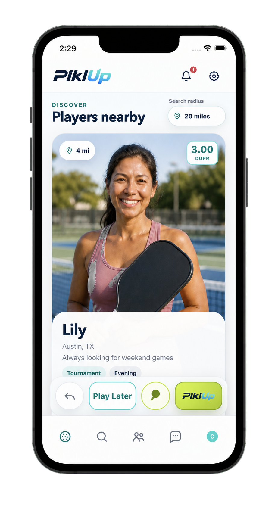 PiklUp player discovery screen for Lily, including all player action controls